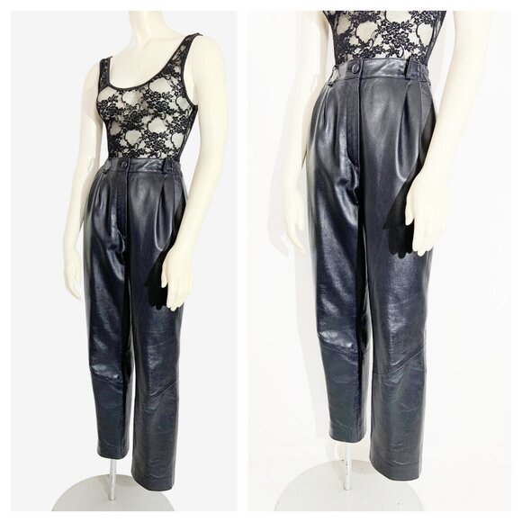 Vintage Black Leather Trousers / size 26 inch waist/ size Small - Picture 5 of 11